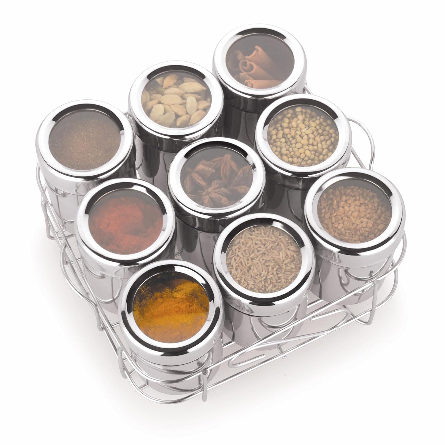 9 IN 1 Square Masala Box for Kitchen Steel - 130ml Each Containers Comes with Push & See Through Lid, Airtight Jars As Multipupose Storage for Spices, Herbs, Mouth Freshner, Dry Fruits & More