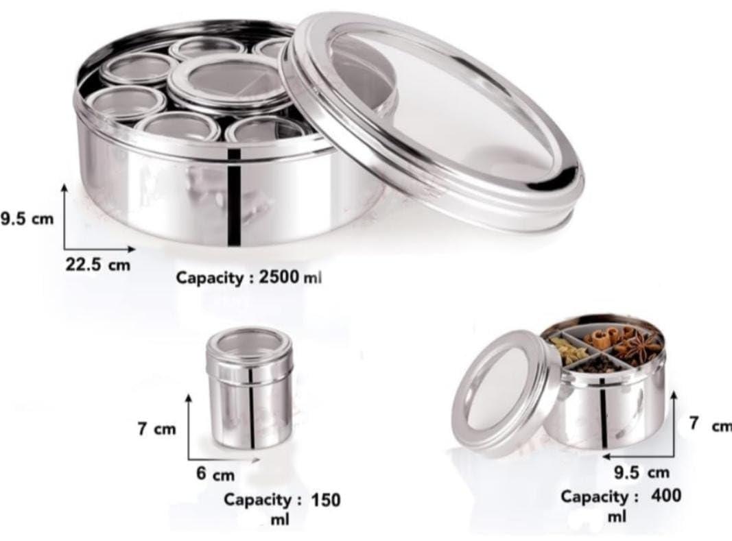 Stainless Steel Masala Box 12-in-1 | 2.5L X-Large Spice Box with 9 Inner Containers & See-Through Airtight Lid | Masala Dabba with 4 Spoons | Food Safe, Durable Steel (22.5cm, Silver)