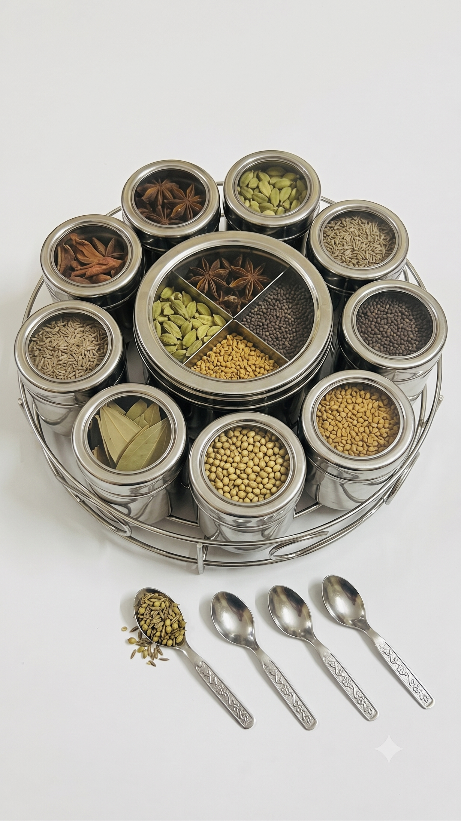 Stainless Steel Masala Box 12 in 1 with Stand | Masala Dabba for Kitchen Storage | Spice Box with 8 Containers + 4 Section Middle Container + 4 Spoons | Premium Steel Spice Organizer (Silver)