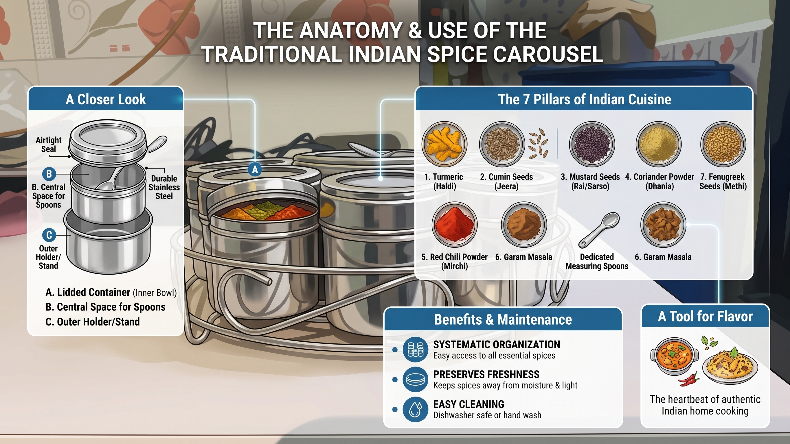 Stainless Steel Masala Box 12 in 1 with Stand | Masala Dabba for Kitchen Storage | Spice Box with 8 Containers + 4 Section Middle Container + 4 Spoons | Premium Steel Spice Organizer (Silver)